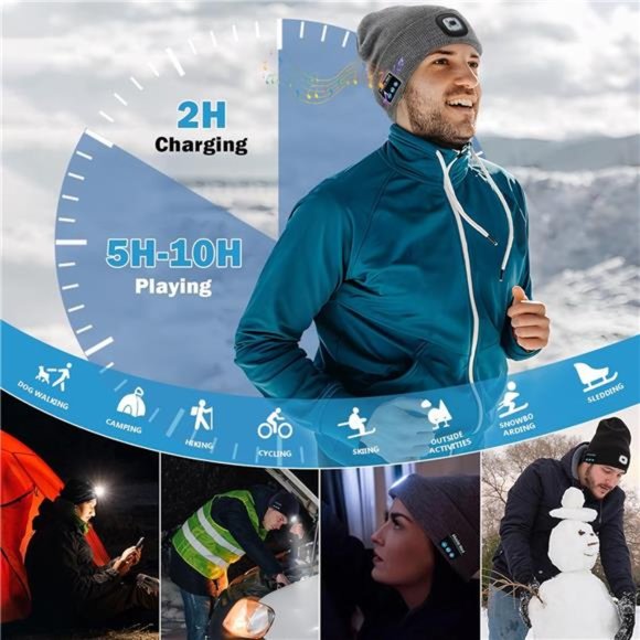Bluetooth Beanie Hats with Light,Unisex Rechargable LED Beanie with Headphone - Picture 4 of 6